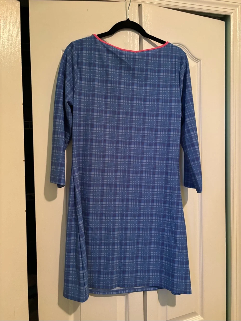 Cabana Life Blue Plaid Dress with Pink Trim